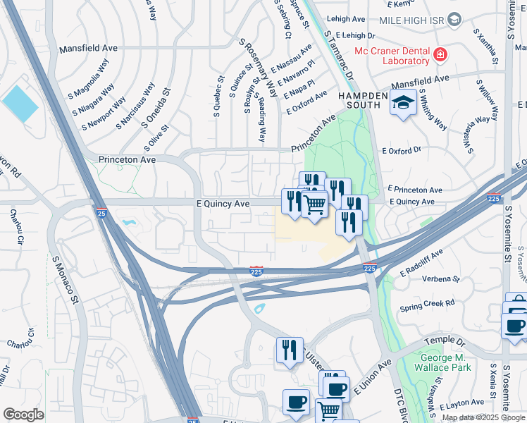map of restaurants, bars, coffee shops, grocery stores, and more near 4343 South Syracuse Street in Denver