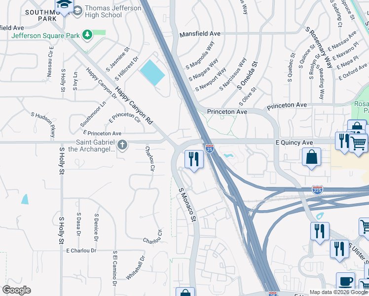 map of restaurants, bars, coffee shops, grocery stores, and more near 4300 South Monaco Street in Denver