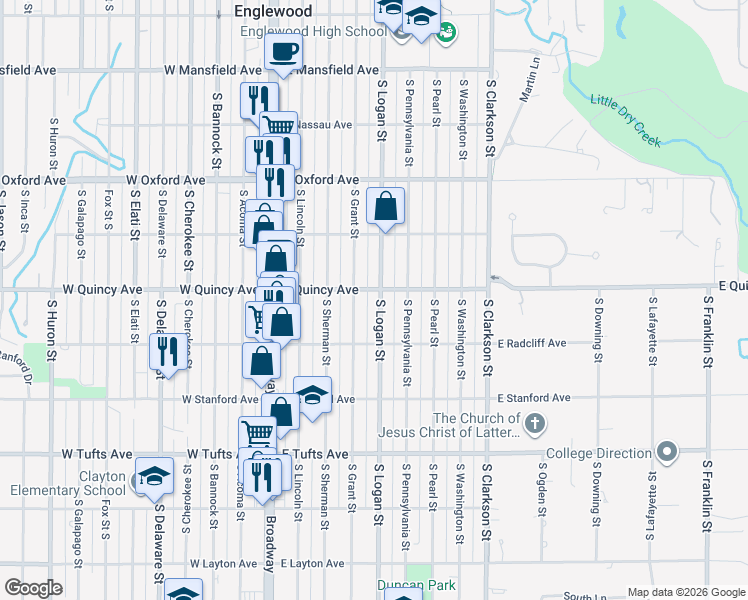 map of restaurants, bars, coffee shops, grocery stores, and more near 4365 South Logan Street in Englewood