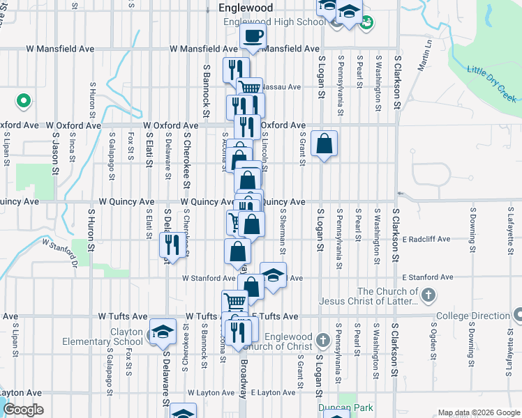 map of restaurants, bars, coffee shops, grocery stores, and more near 4360 South Lincoln Street in Englewood