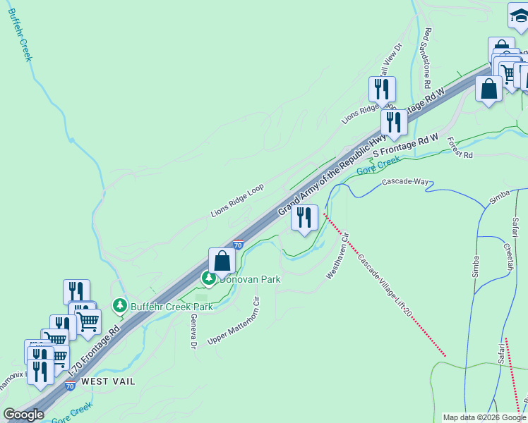 map of restaurants, bars, coffee shops, grocery stores, and more near in Vail