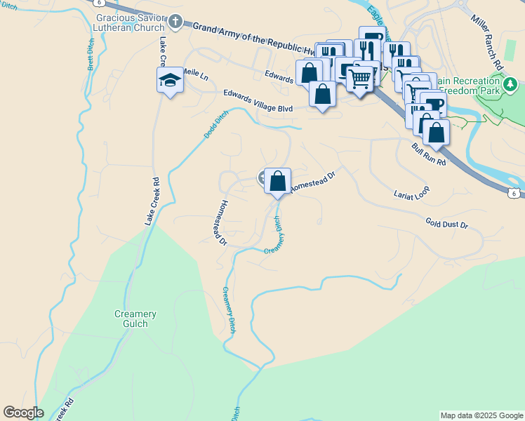 map of restaurants, bars, coffee shops, grocery stores, and more near 880 Homestead Drive in Edwards