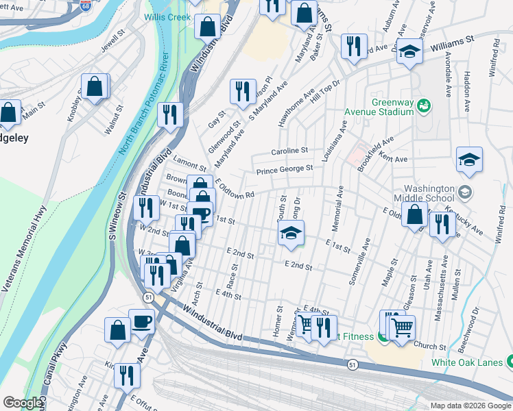 map of restaurants, bars, coffee shops, grocery stores, and more near 705 Race Street in Cumberland