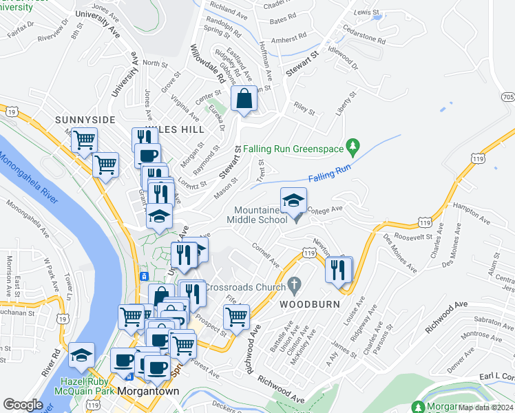 map of restaurants, bars, coffee shops, grocery stores, and more near 1005 Revere Street in Morgantown