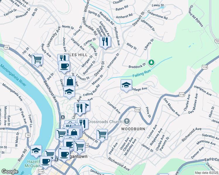 map of restaurants, bars, coffee shops, grocery stores, and more near 916 Jacobs Street in Morgantown