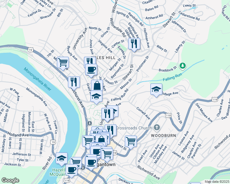 map of restaurants, bars, coffee shops, grocery stores, and more near 291 Falling Run Road in Morgantown