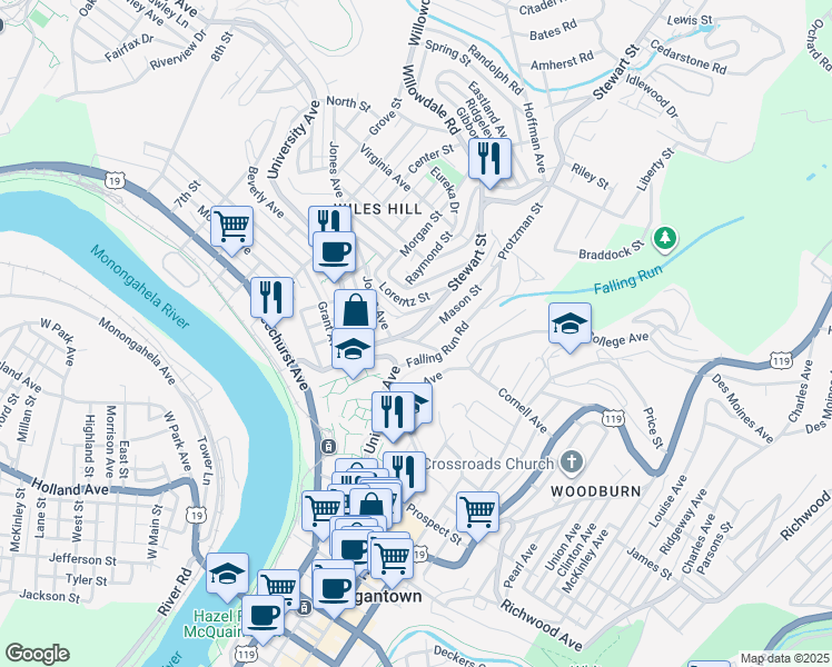 map of restaurants, bars, coffee shops, grocery stores, and more near 291 Falling Run Road in Morgantown