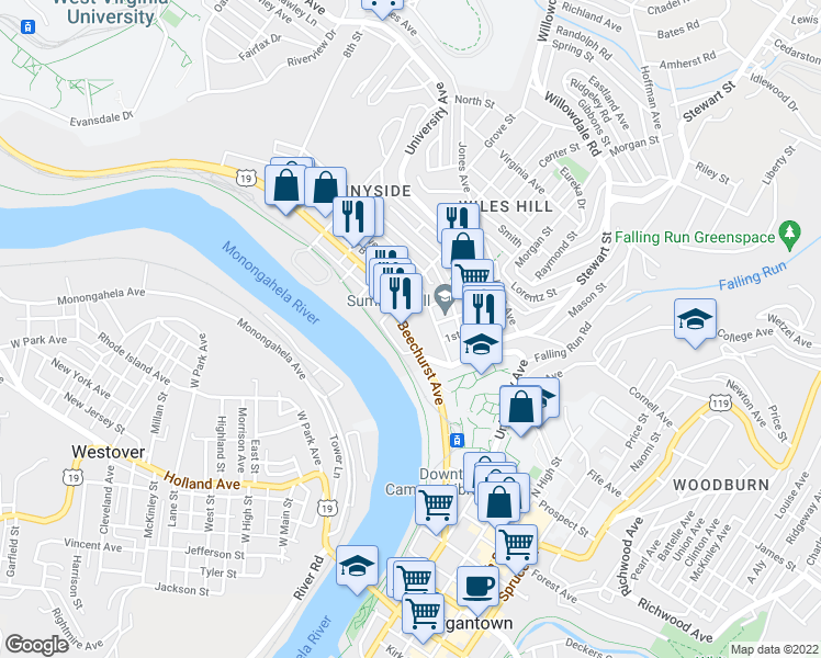 map of restaurants, bars, coffee shops, grocery stores, and more near 149 Beechurst Avenue in Morgantown