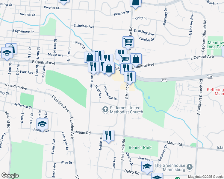 map of restaurants, bars, coffee shops, grocery stores, and more near 236 Woodridge Drive in Miamisburg