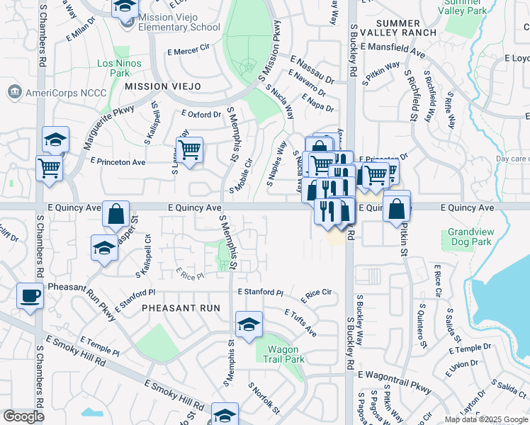 map of restaurants, bars, coffee shops, grocery stores, and more near 16443 East Radcliff Place in Aurora