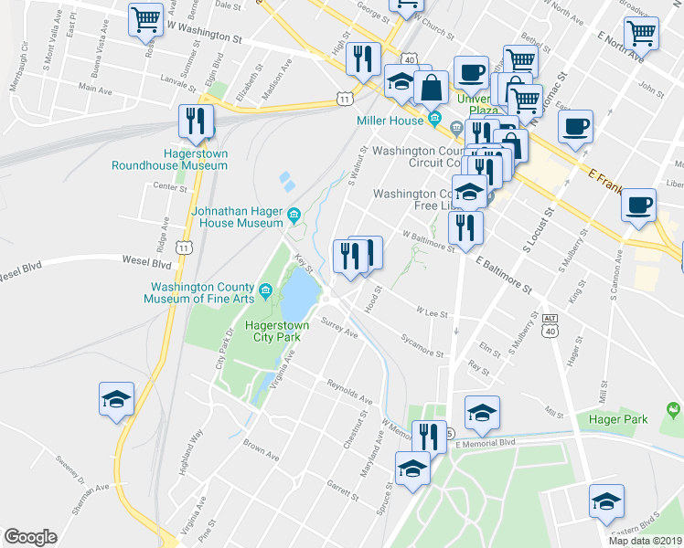 map of restaurants, bars, coffee shops, grocery stores, and more near 278 South Prospect Street in Hagerstown