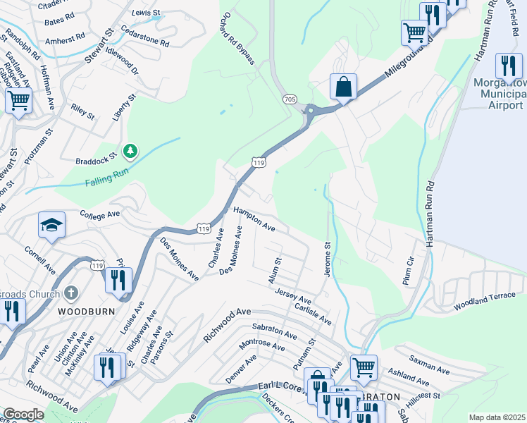 map of restaurants, bars, coffee shops, grocery stores, and more near 1197 Herman Avenue in Morgantown