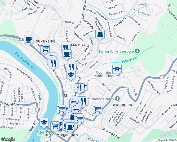 map of restaurants, bars, coffee shops, grocery stores, and more near 51 Falling Run Road in Morgantown