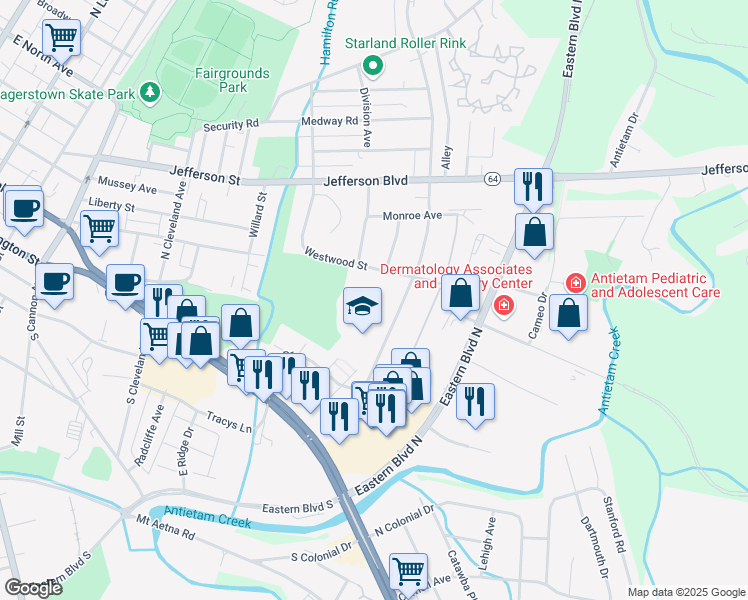 map of restaurants, bars, coffee shops, grocery stores, and more near 195 Pangborn Boulevard in Hagerstown