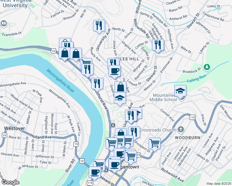 map of restaurants, bars, coffee shops, grocery stores, and more near 208 Grant Avenue in Morgantown