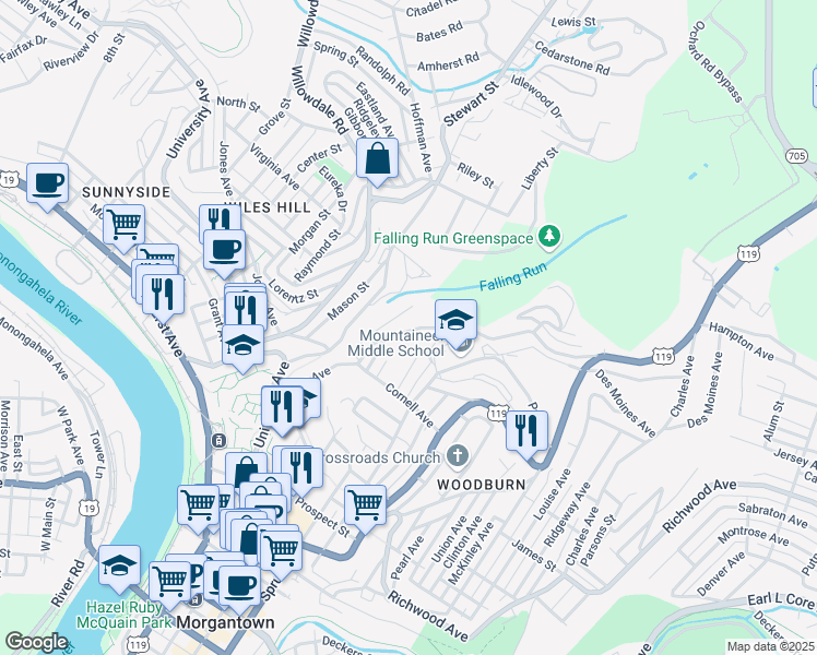 map of restaurants, bars, coffee shops, grocery stores, and more near 1045 College Avenue in Morgantown