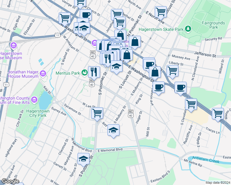 map of restaurants, bars, coffee shops, grocery stores, and more near 58 East Baltimore Street in Hagerstown