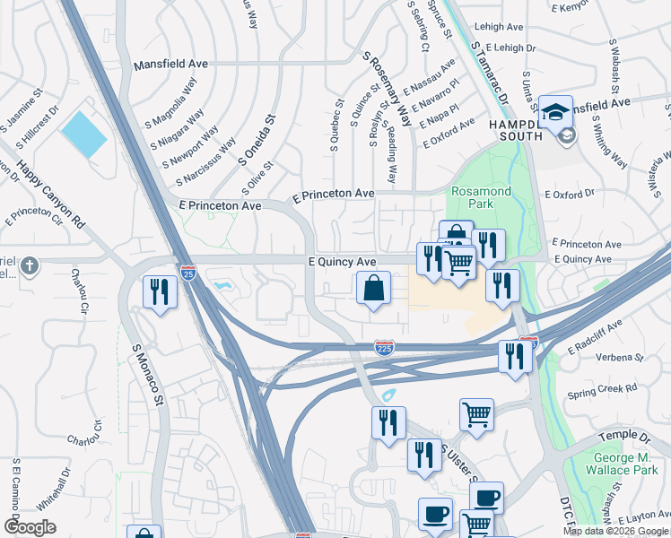 map of restaurants, bars, coffee shops, grocery stores, and more near 7455 East Quincy Avenue in Denver