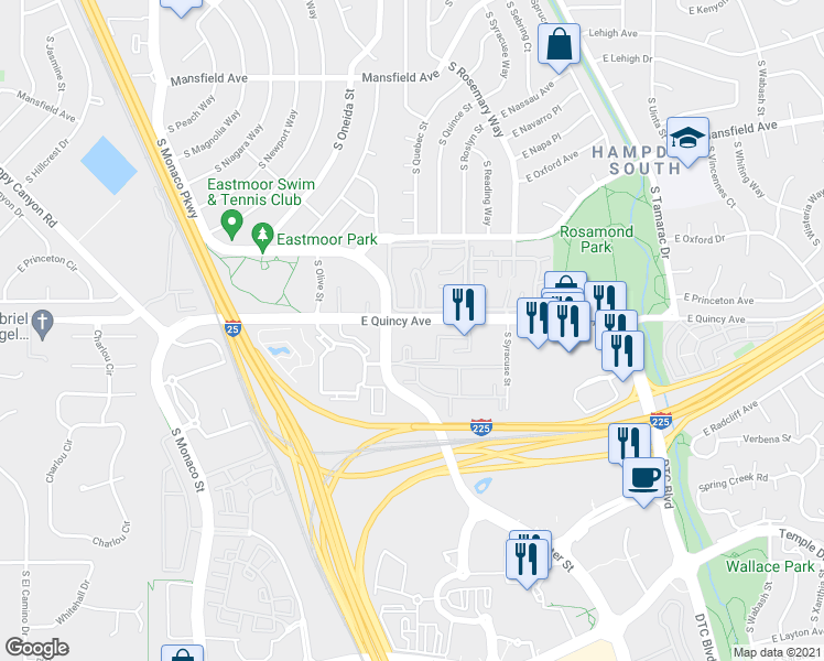 map of restaurants, bars, coffee shops, grocery stores, and more near 7455 East Quincy Avenue in Denver