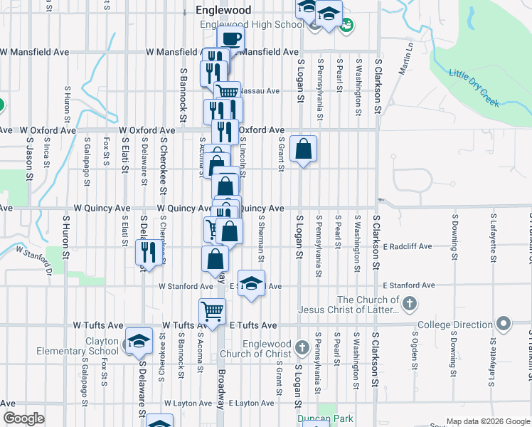 map of restaurants, bars, coffee shops, grocery stores, and more near 4266 South Sherman Street in Englewood