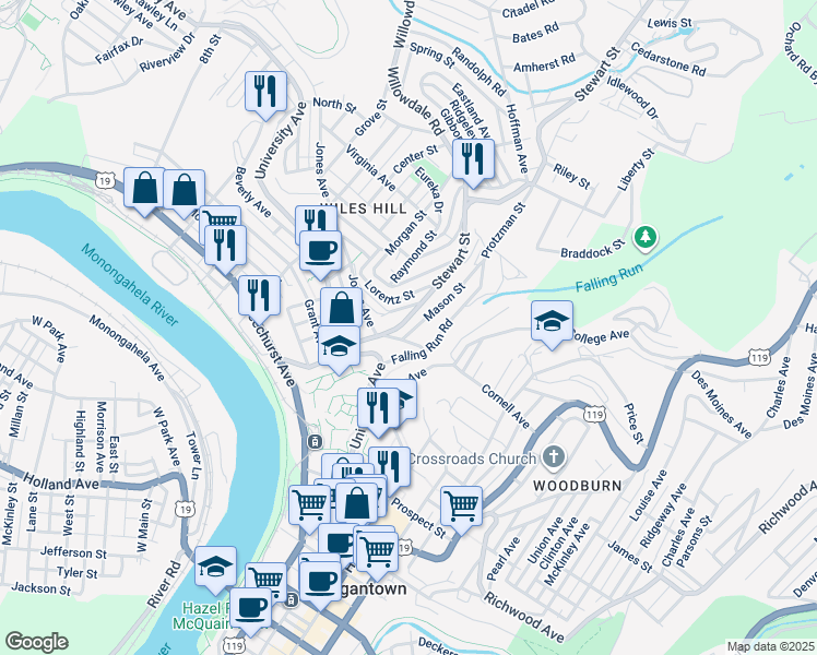 map of restaurants, bars, coffee shops, grocery stores, and more near 125 Lorentz Street in Morgantown