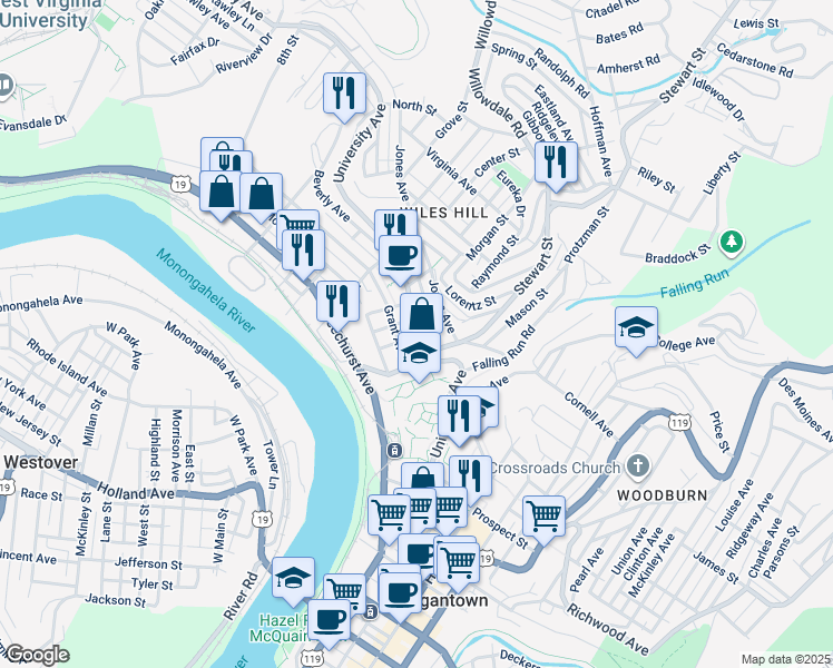 map of restaurants, bars, coffee shops, grocery stores, and more near 208 Grant Avenue in Morgantown