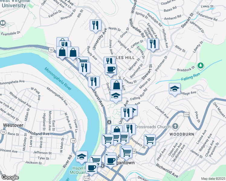 map of restaurants, bars, coffee shops, grocery stores, and more near 208 Grant Avenue in Morgantown