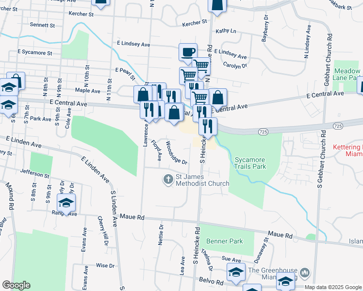 map of restaurants, bars, coffee shops, grocery stores, and more near 1255 Uhlwood Drive in Miamisburg