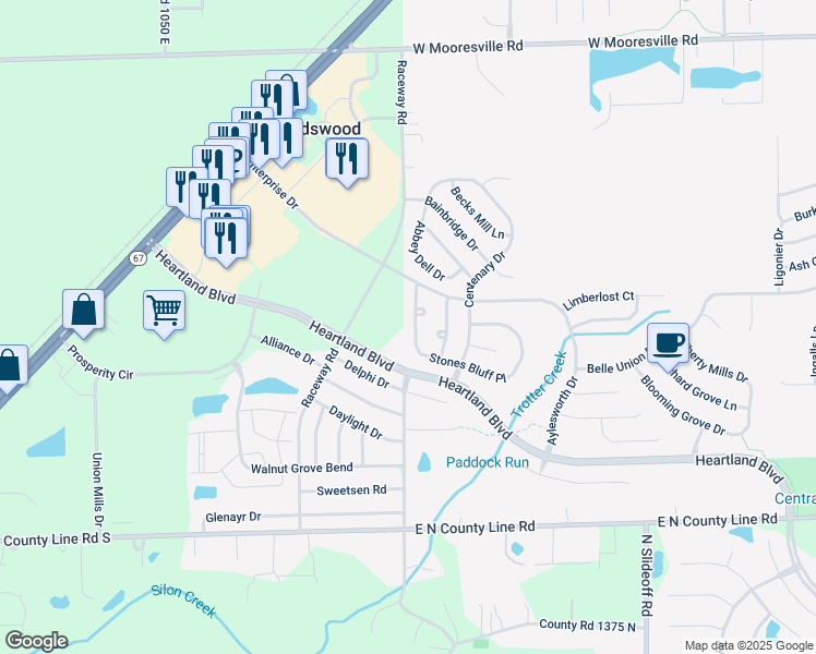 map of restaurants, bars, coffee shops, grocery stores, and more near 8532 Bluff Point Drive in Indianapolis
