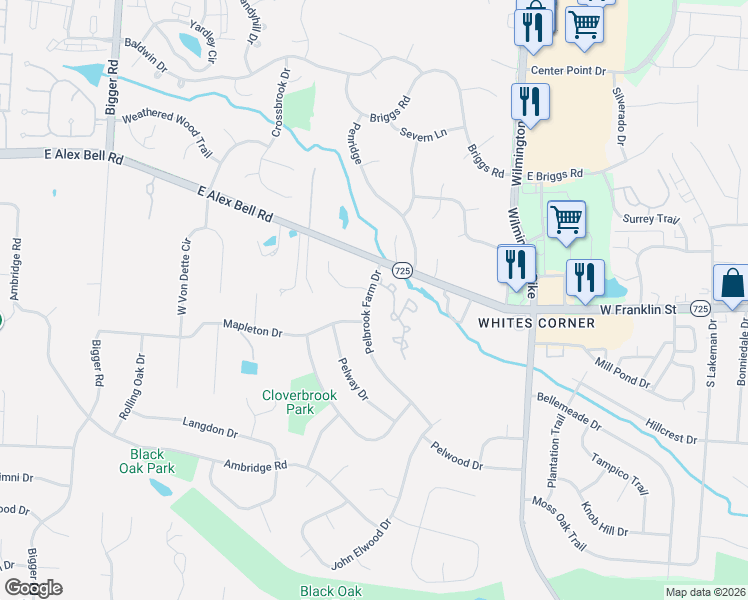 map of restaurants, bars, coffee shops, grocery stores, and more near 2195 Belleville Lane in Centerville