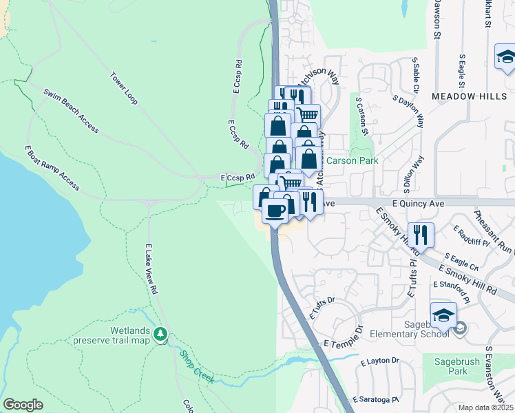map of restaurants, bars, coffee shops, grocery stores, and more near 13590 East Quincy Avenue in Aurora