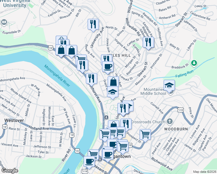 map of restaurants, bars, coffee shops, grocery stores, and more near 208 Grant Avenue in Morgantown