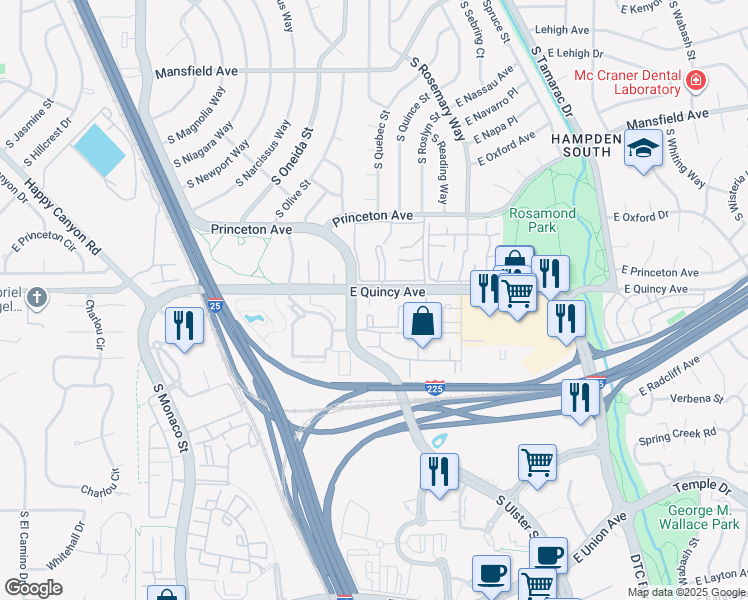 map of restaurants, bars, coffee shops, grocery stores, and more near 7455 East Quincy Avenue in Denver