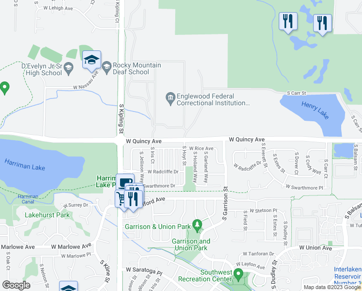 map of restaurants, bars, coffee shops, grocery stores, and more near 9561 West Rice Avenue in Littleton