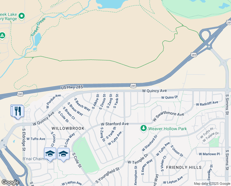 map of restaurants, bars, coffee shops, grocery stores, and more near 4303 South Yank Street in Morrison