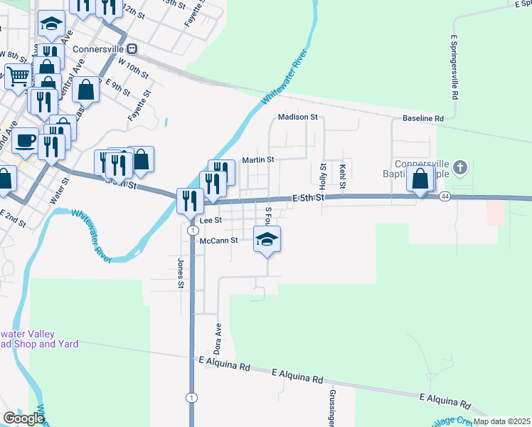 map of restaurants, bars, coffee shops, grocery stores, and more near 916 Lee Street in Connersville