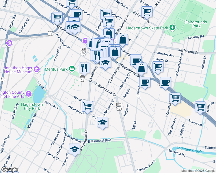 map of restaurants, bars, coffee shops, grocery stores, and more near 146 South Locust Street in Hagerstown