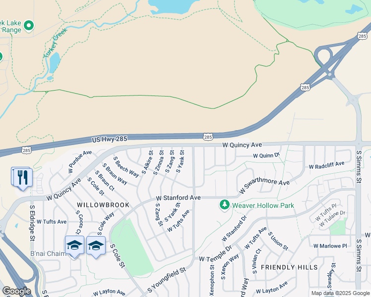 map of restaurants, bars, coffee shops, grocery stores, and more near 4303 South Yank Street in Morrison