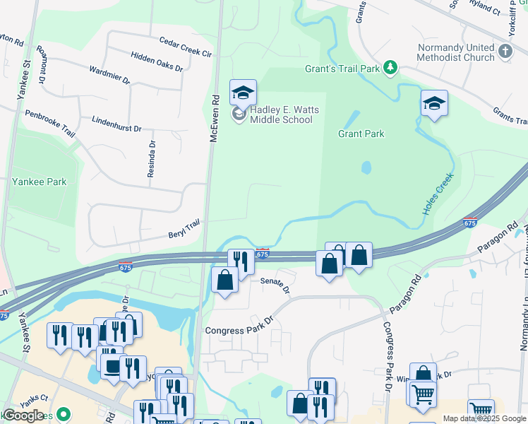 map of restaurants, bars, coffee shops, grocery stores, and more near 7300 Mc Ewen Road in Dayton