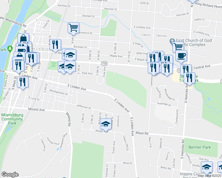 map of restaurants, bars, coffee shops, grocery stores, and more near 1001 East Linden Avenue in Miamisburg