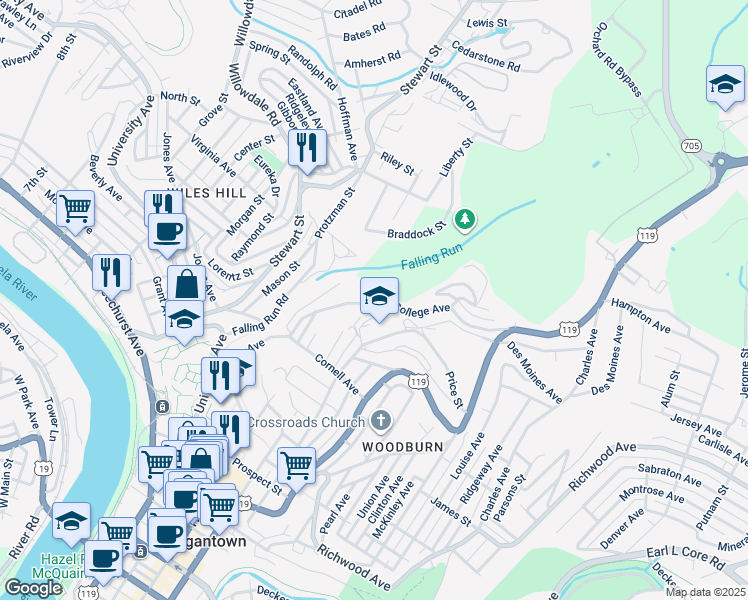 map of restaurants, bars, coffee shops, grocery stores, and more near 1141 College Avenue in Morgantown