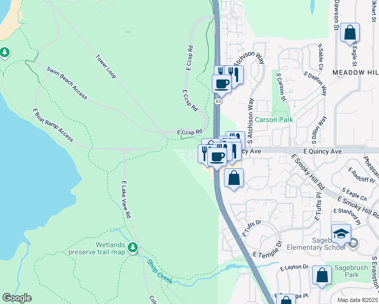 map of restaurants, bars, coffee shops, grocery stores, and more near 13590 East Quincy Avenue in Aurora