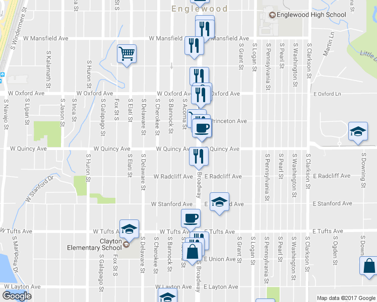 map of restaurants, bars, coffee shops, grocery stores, and more near 4275 South Broadway in Englewood