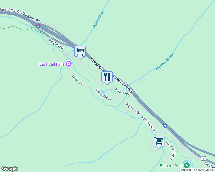 map of restaurants, bars, coffee shops, grocery stores, and more near 4213 Spruce Way in Vail