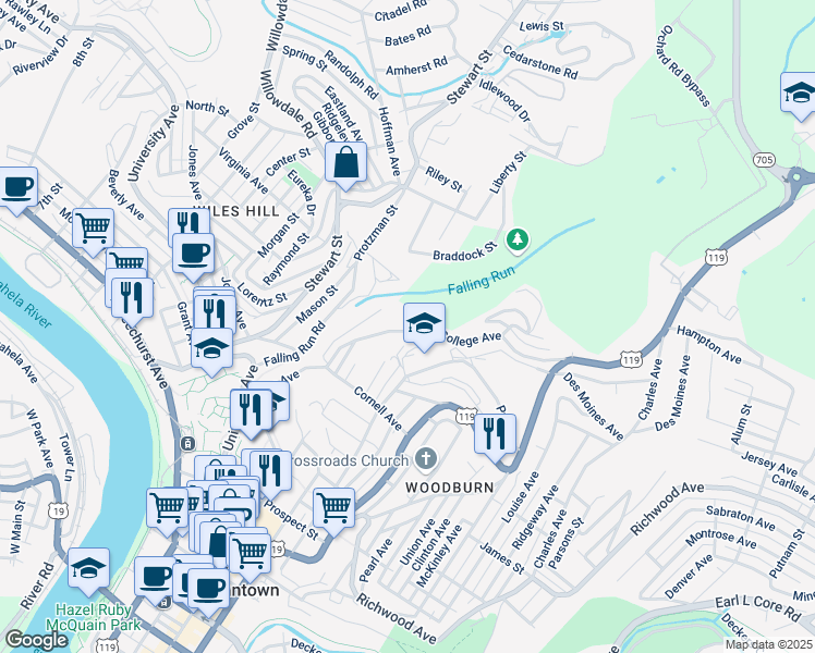 map of restaurants, bars, coffee shops, grocery stores, and more near 1141 College Avenue in Morgantown