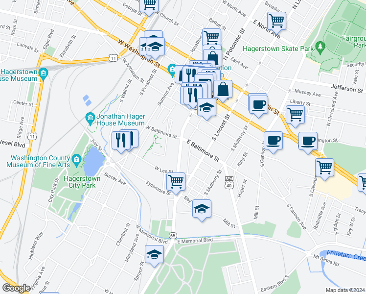 map of restaurants, bars, coffee shops, grocery stores, and more near 220 South Potomac Street in Hagerstown