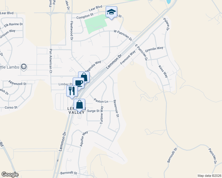 map of restaurants, bars, coffee shops, grocery stores, and more near 9125 Reservoir Street in Reno
