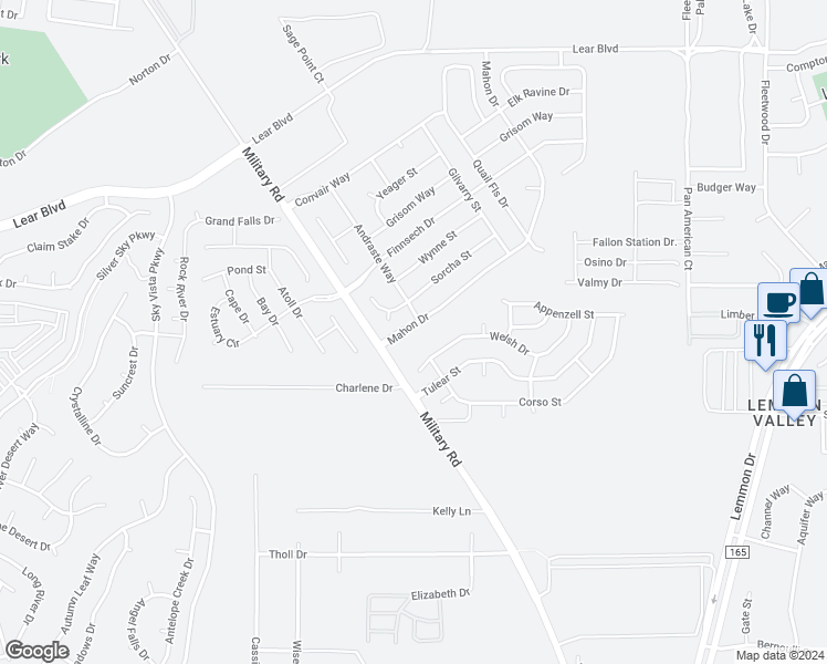 map of restaurants, bars, coffee shops, grocery stores, and more near 9012 Mahon Drive in Reno