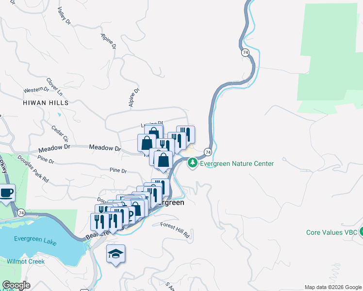 map of restaurants, bars, coffee shops, grocery stores, and more near 27618 Fireweed Drive in Evergreen