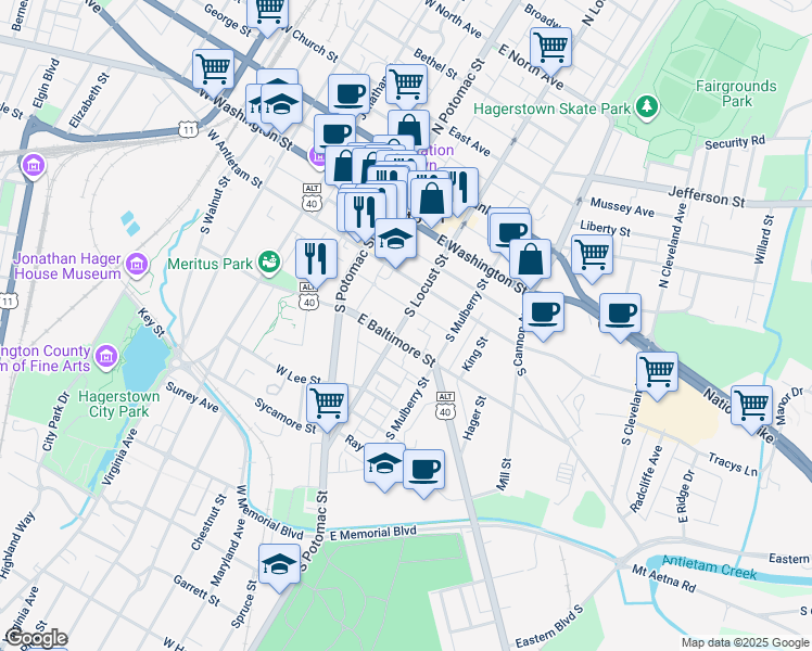 map of restaurants, bars, coffee shops, grocery stores, and more near 142 South Locust Street in Hagerstown